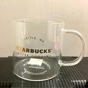 Starbucks 2016 Clear Glass 18 oz Coffee Mug Gold Lettering Seattle WA Est. 1971